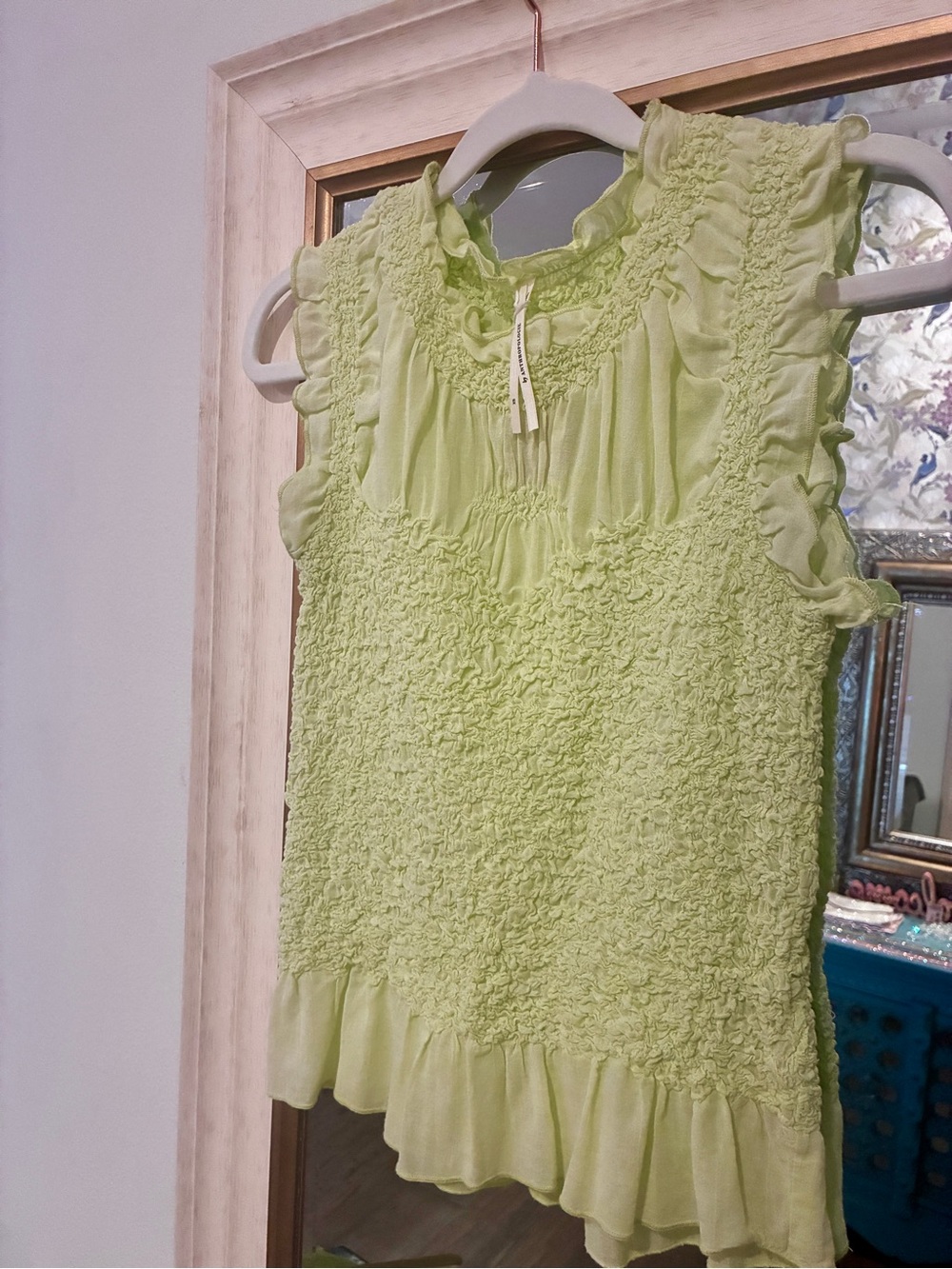 By Anthropologie Smocked Shirred Ruffle Sleeveless Tank Top Pistachio Green XS